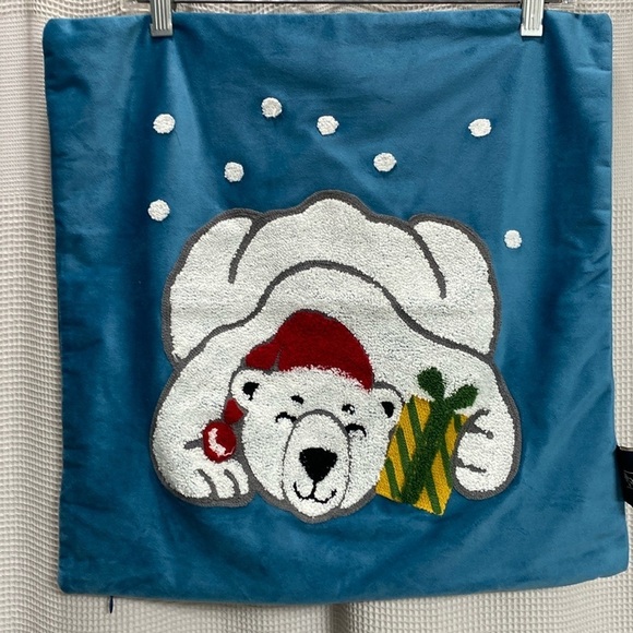 Phantoscope Polar Bear Santa pillow cover SZ 17” sq crewel teal velour backing - Picture 1 of 5